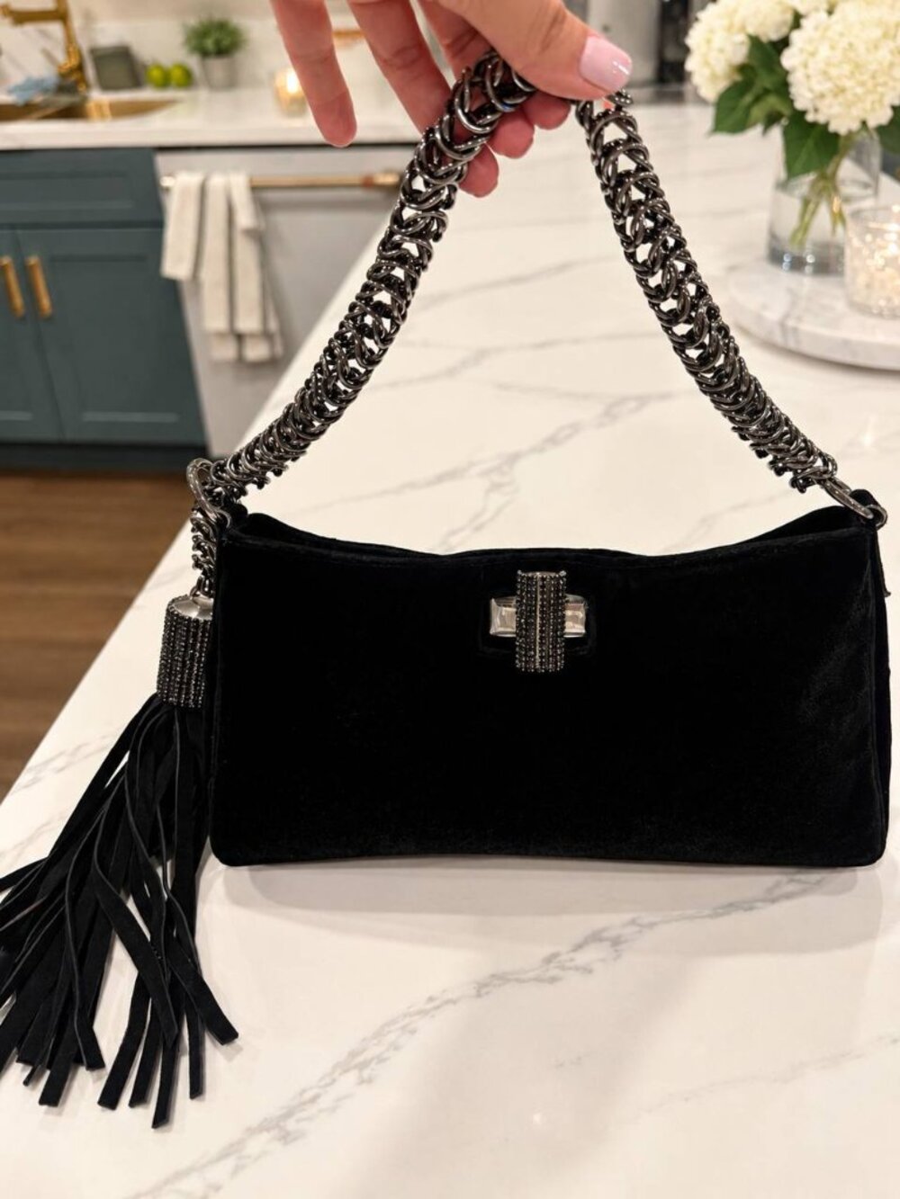 Donini Black Velvet Evening Shoulder Bag Rhinestone Clasp Chain Strap Tassel
